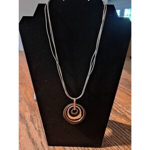 Vintage RMN Roman Triple Strand Necklace 18" Silver Gold Tone Circle Pendant